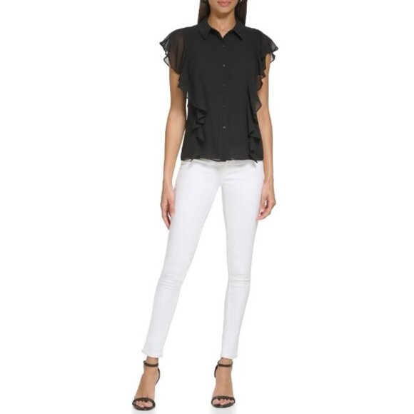 Calvin Klein Tops - Calvin Klein Women's Sleeveless Ruffle Front Button Blouse Black Size 1X NWT